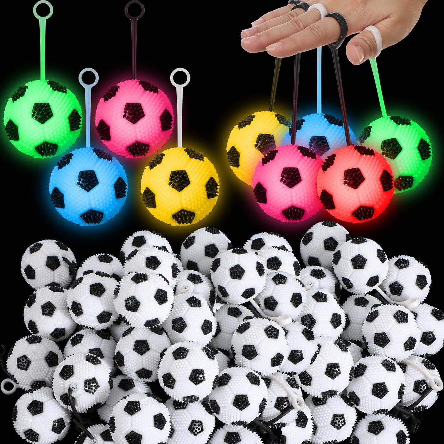 Sotiff 36 Pcs Light up Stress Soccer Ball Bulk Bouncy LED Flashing Squeaky Sensory Ball with Rope Rubber for Carnival Gifts Glowing Birthday Party Favors Valentine Gift Exchange Goodie Bag Grad Gift