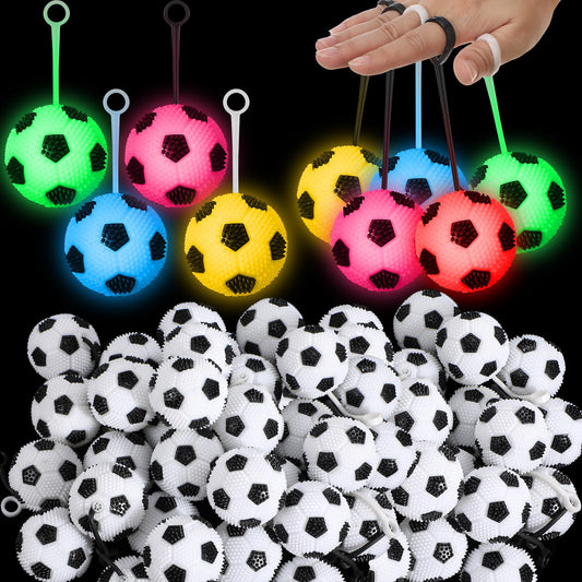 Sotiff 36 Pcs Light up Stress Soccer Ball Bulk Bouncy LED Flashing Squeaky Sensory Ball with Rope Rubber for Carnival Gifts Glowing Birthday Party Favors Valentine Gift Exchange Goodie Bag Grad Gift