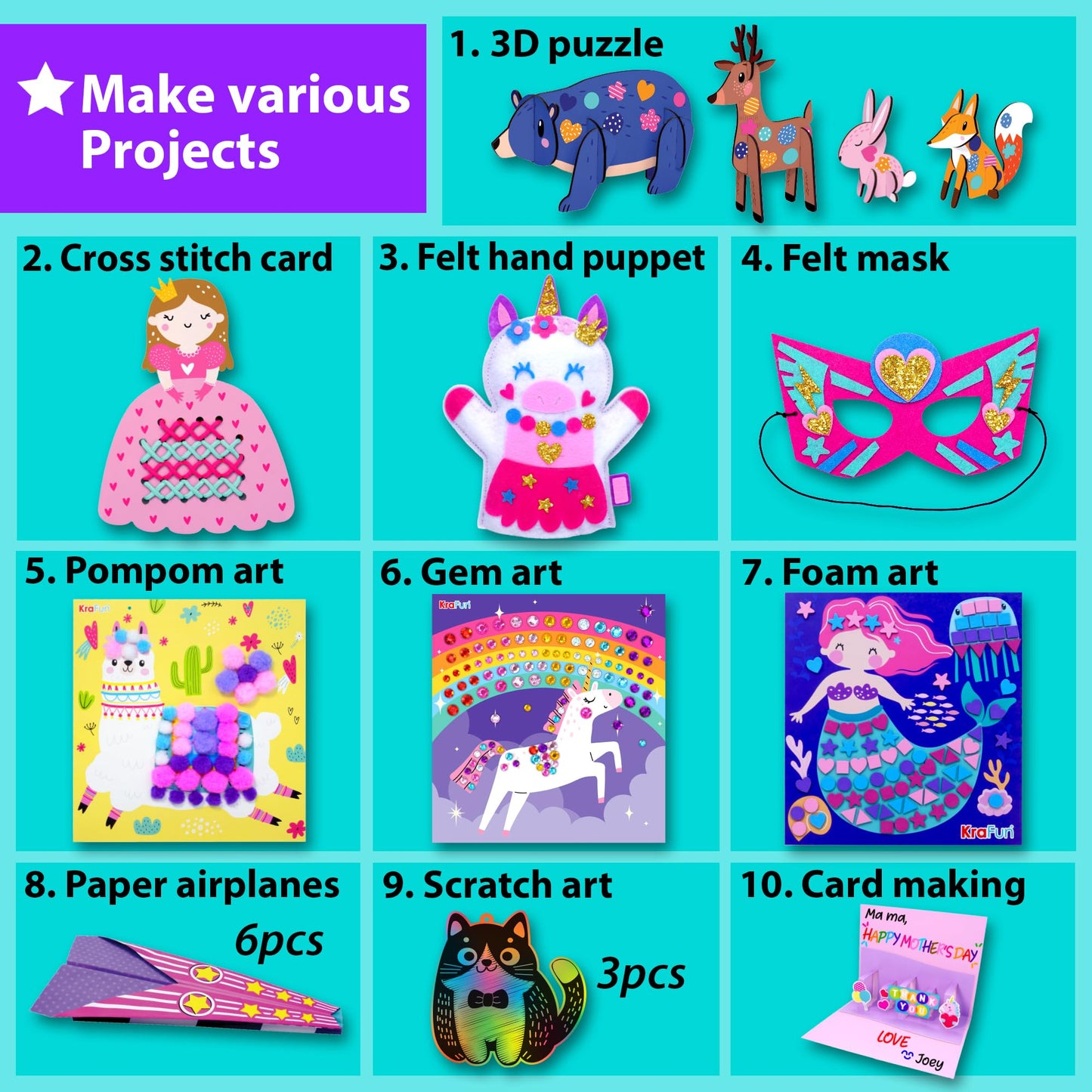 KRAFUN My First Craft Workshop Art and Craft Kit for Kids - Projects in 10 Envelopes, Unicorn, Mermaid, Princess & Llama Crafts, Creative Educational Activities Girls Toddlers Ages 3 4 5+