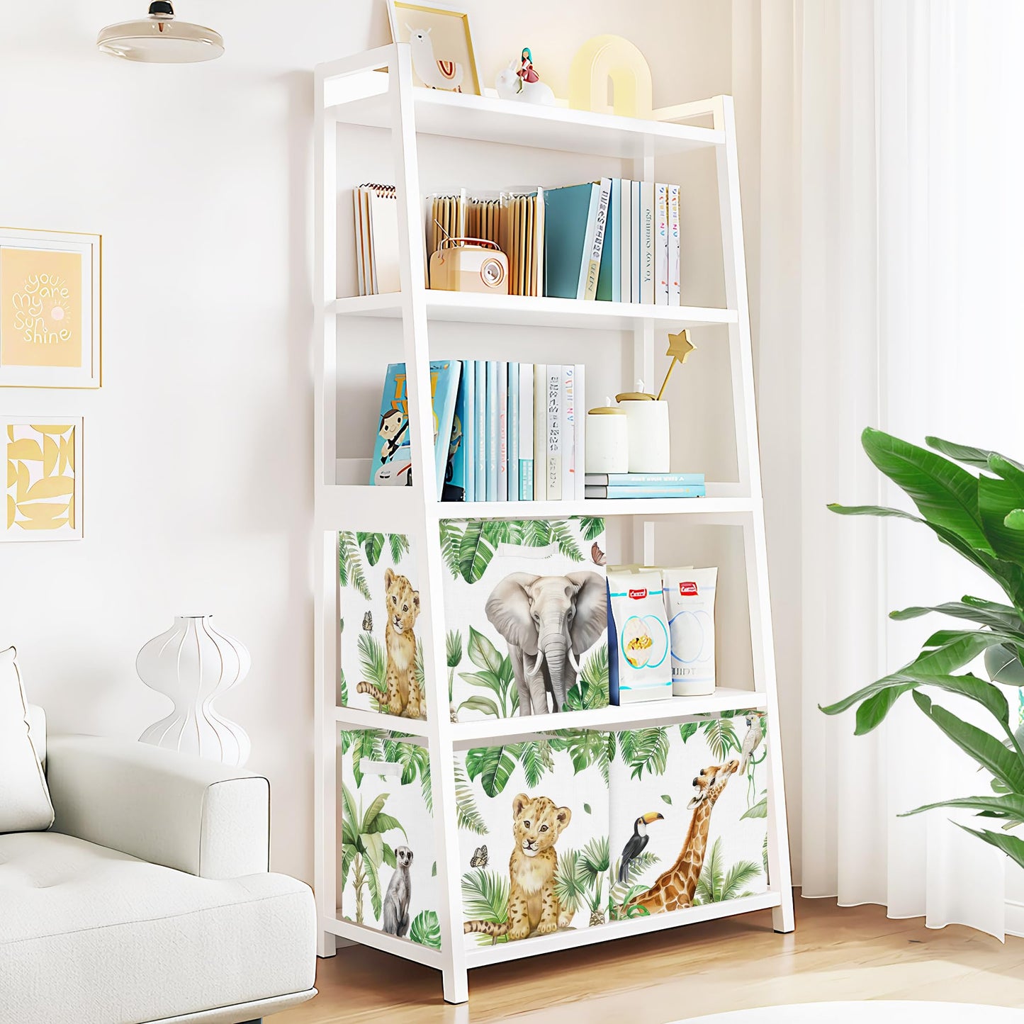 Clastyle Jungle Animals Kid Storage Cube Organizer Set Tropical Leaves Palms Giraffe Closet Clothes Cube Storage Bin Nursery Toddler Toy Box Chest Girl Boy Book Shelf Basket,Lion,11.8x11.8x11.8 in