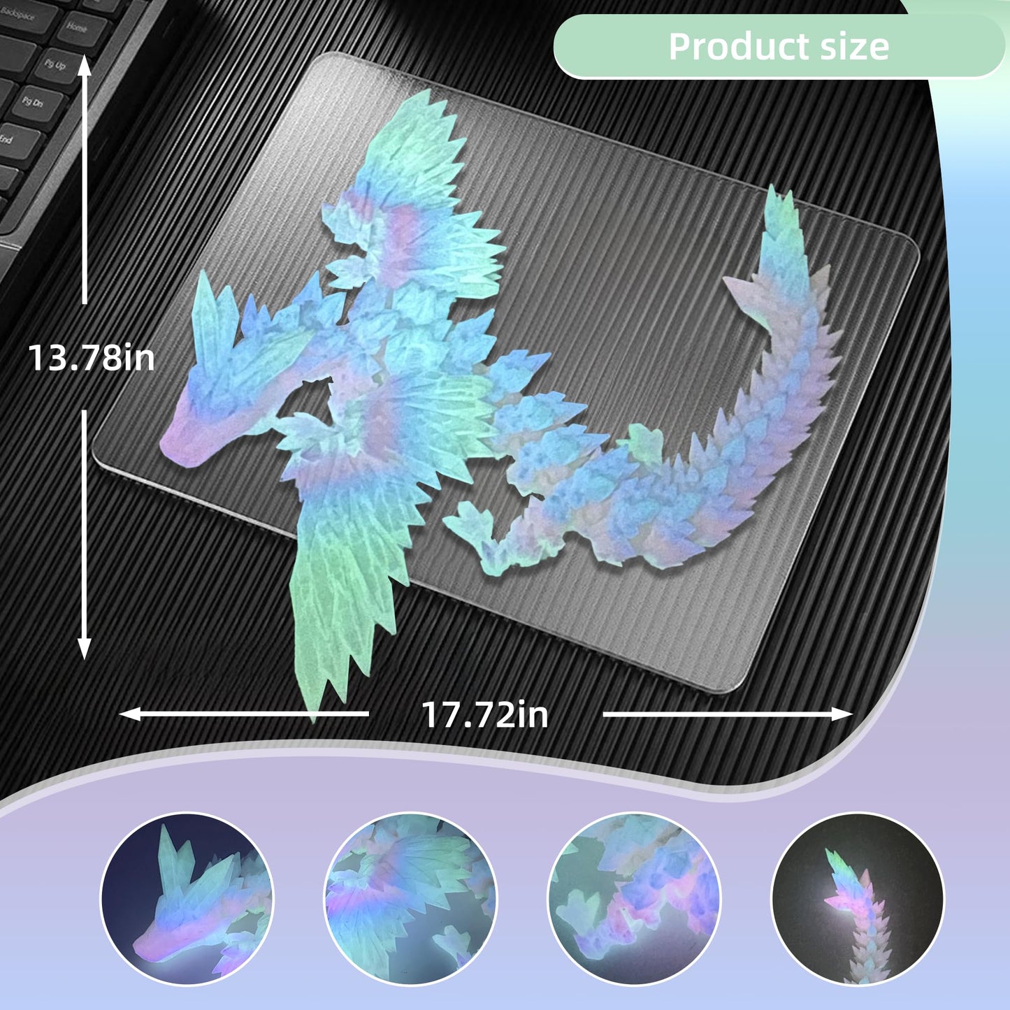 Flavery 3D Printed Dragon with Wings - Glow Rainbow, 18 inch Flying Dragon, XL Articulated Winged Crystal Fidget Toy, Home Decor, Birthday Gift, Desk Pet