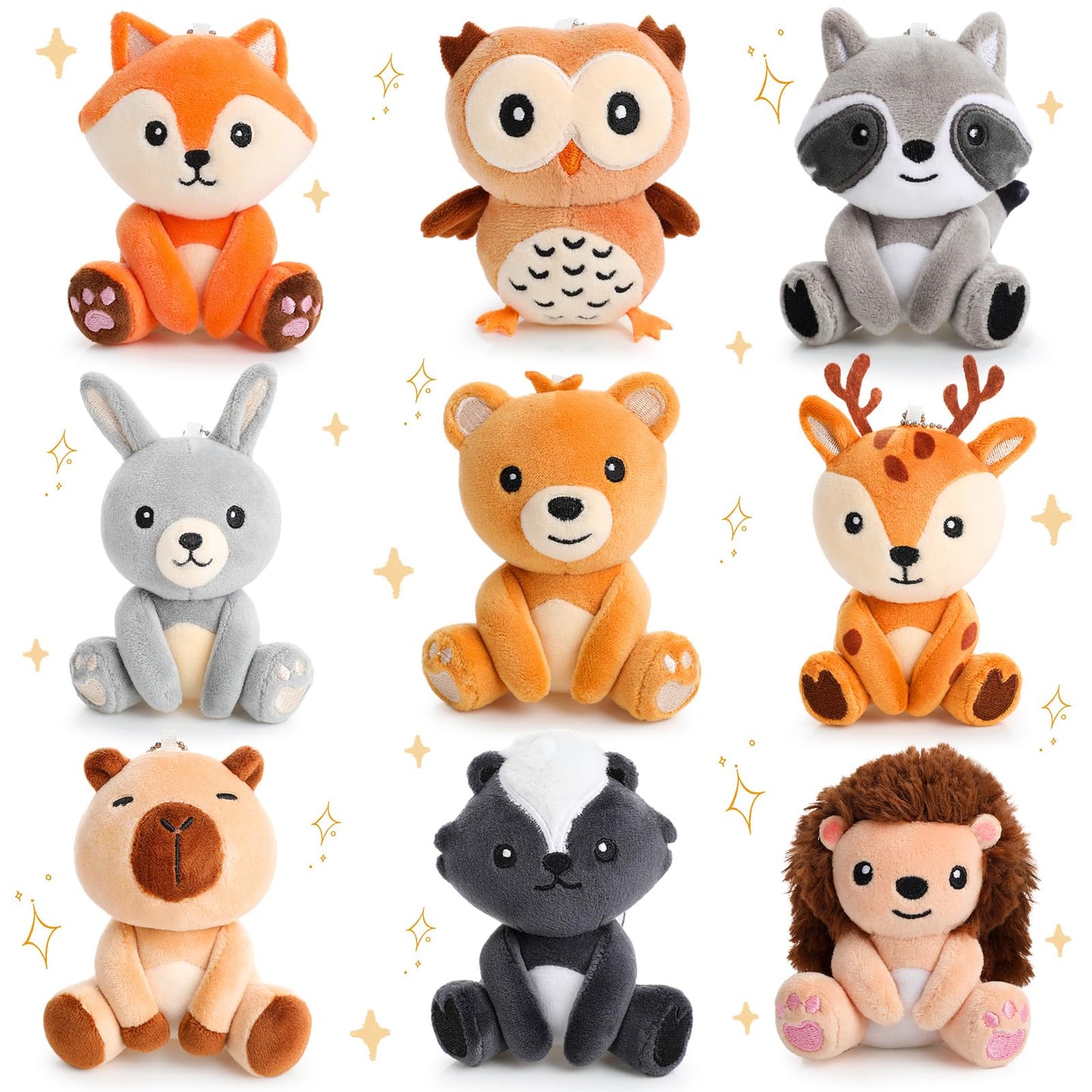 Aoriher 9 Pcs Small Forest Stuffed Animals Bulk 4 Inch Mini Woodland Plush Toys Deer Rabbit Owl Skunk Capybara Raccoon Hedgehog Brown Bear Fox for Kids Baby Shower Birthday Party Favors