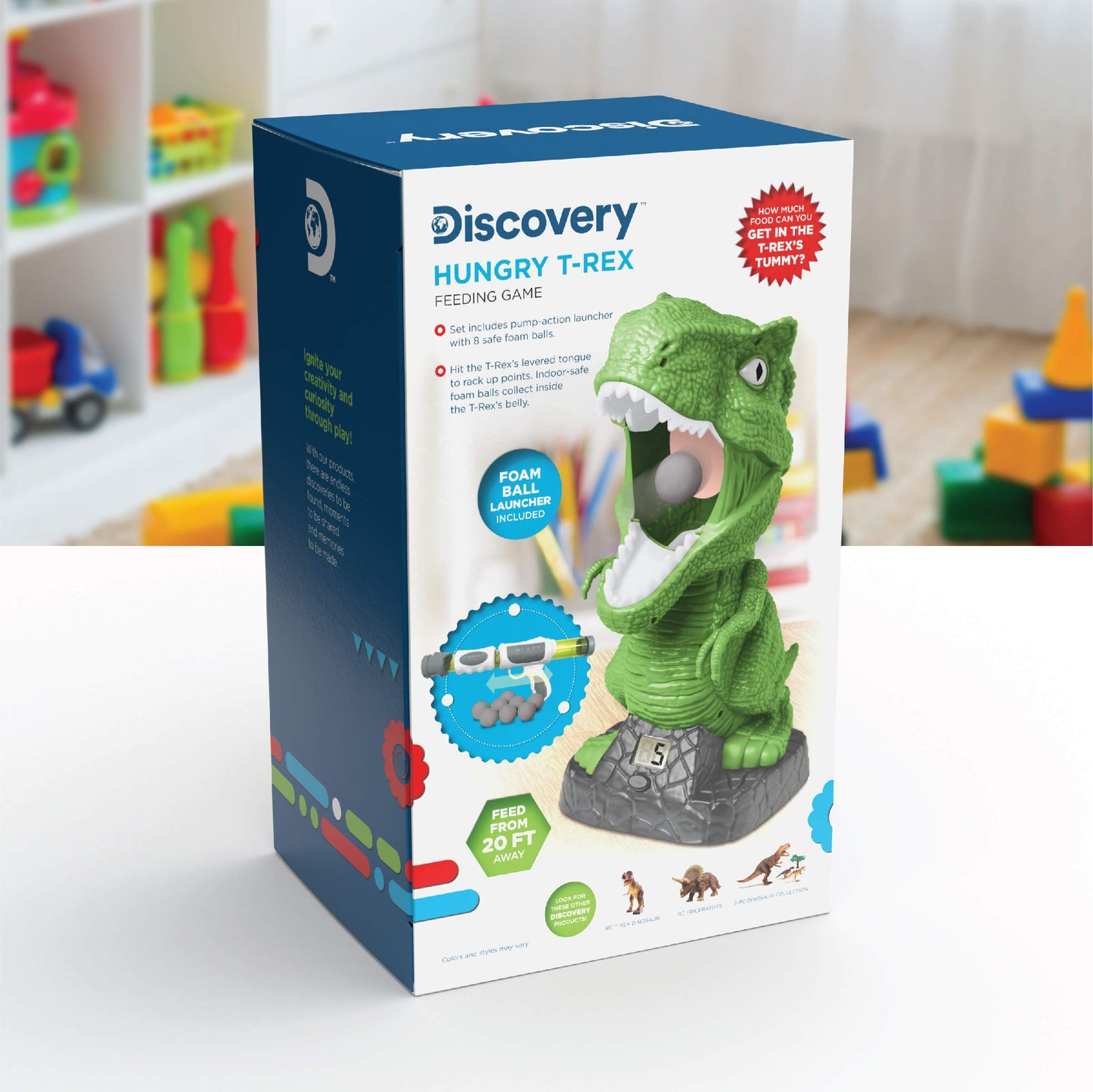Discovery Hungry T-Rex Feeding Game, Carnival Style Shooting Target Competition for Kids, 8 Indoor Safe Foam Balls with Air Launcher, Electronic LCD Screen with Lever Tongue, Great for Ages 6 & Up