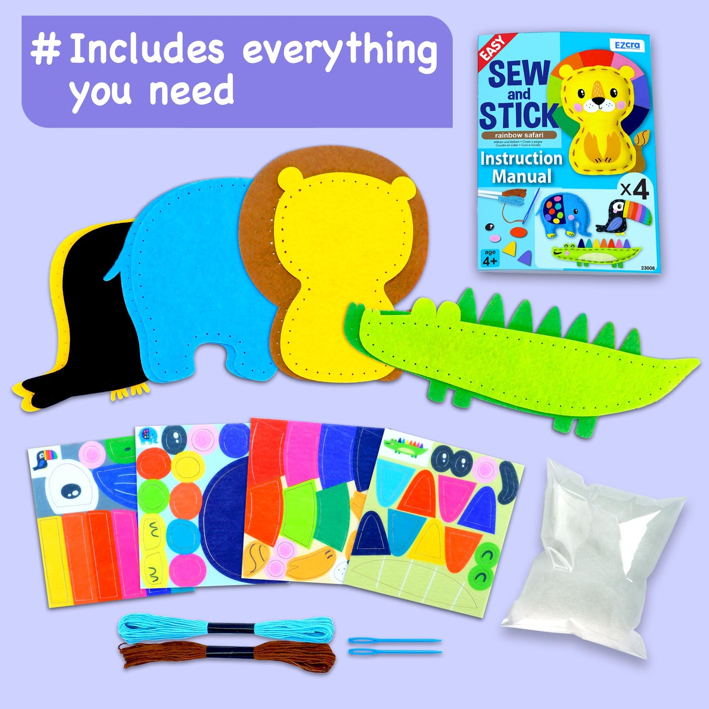 EZCRA Safari Animals Sewing Kit for Kids Ages 4-8, Elephant No-Mess Felt Craft Projects, 4 Easy Beginner Learn-to-Sew Toys for Boys and Girls