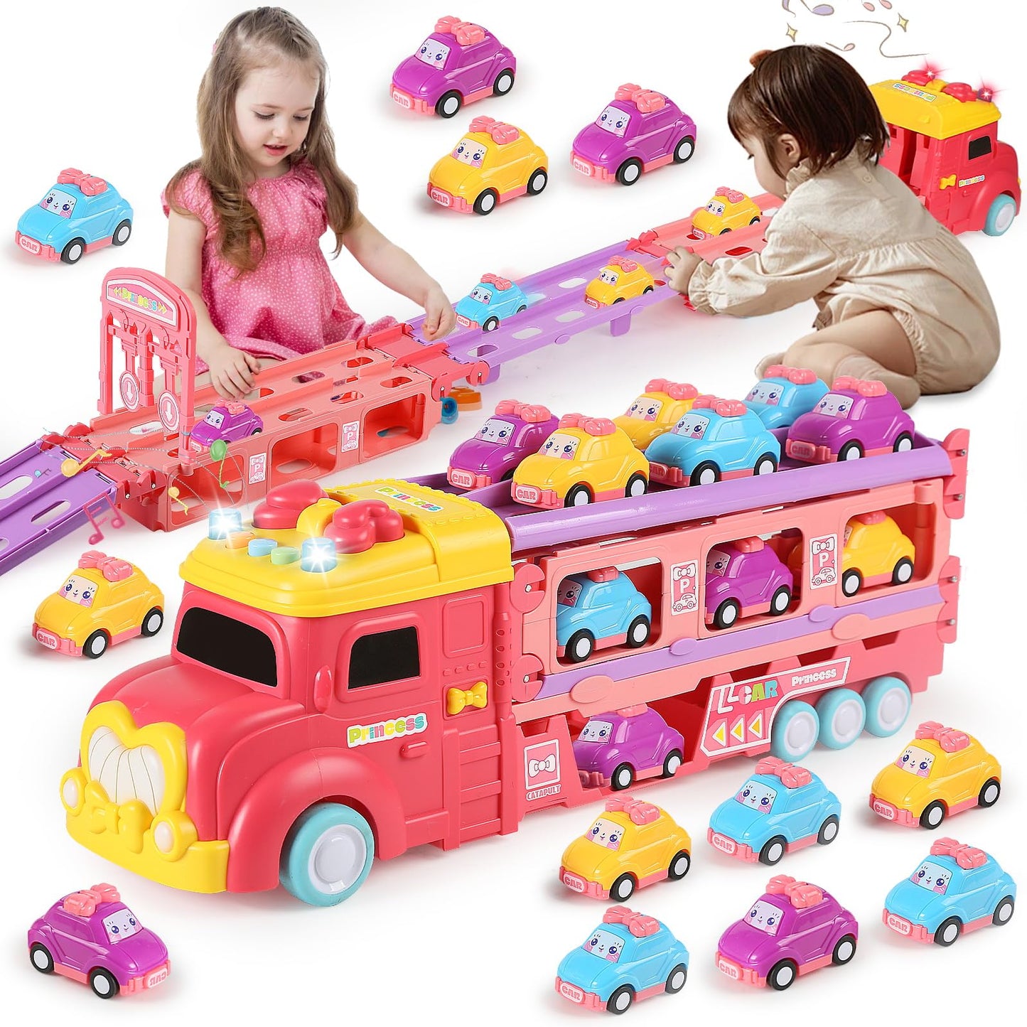aruemp 12 in 1 Princess Carrier Truck with Girls Car Toys, 2-Player Race Mode Friction Power Toy Cars with Light & Music for 3 Year Old Girls Birthday Gifts