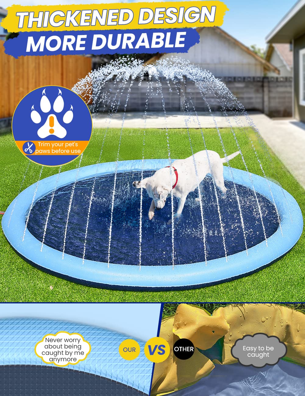 PETOCAT Splash Pad Non-Slip Dogs Cool Sprinkler Pool Extra Large Splash Pads for Kids Dog Baby Wading Pool Summer Outdoor Play Water Fun Toy Gift Easy to Use/Clean 87 inch