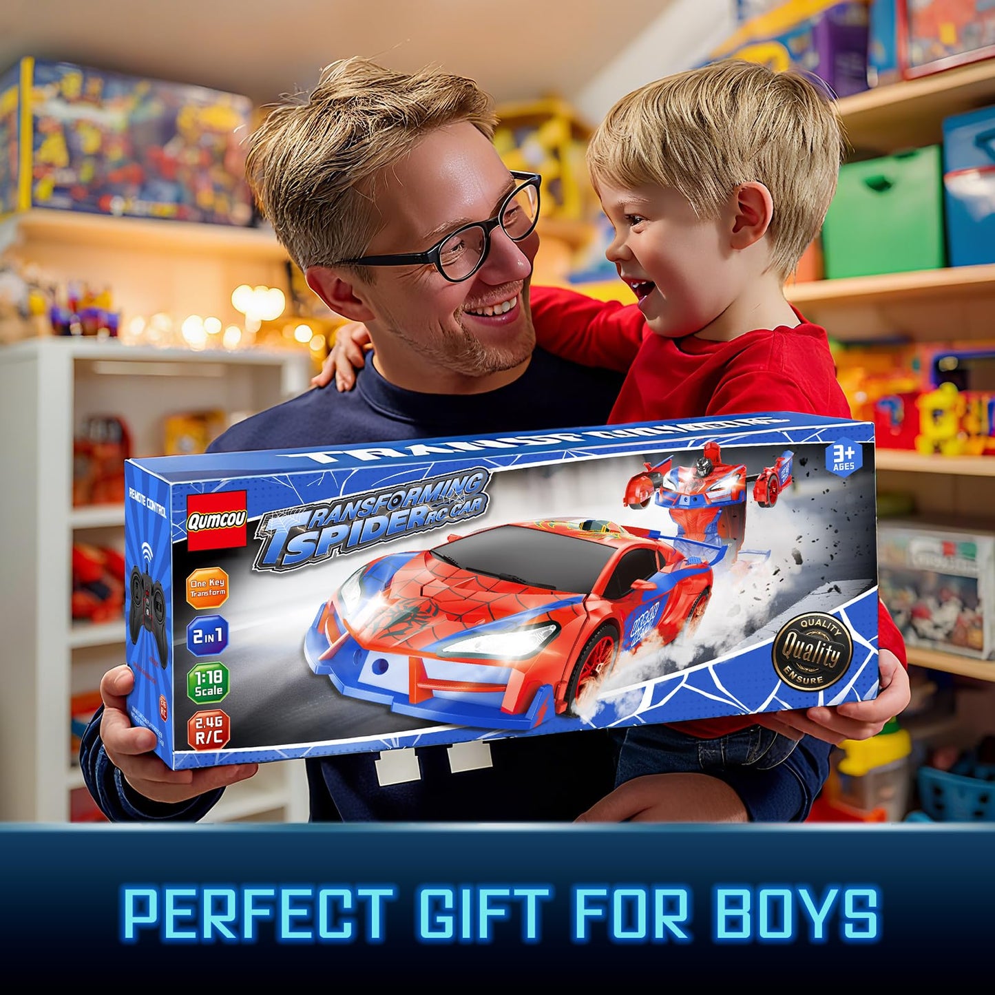 Qumcou Spider Toys for Boys 4-6, Remote Control Car, One-Button Transform Superhero Toys, 2.4Ghz RC Cars, 360° Spin,1:16 Scale, Shinning Red and Blue Light, Birthday Gifts for Boys, Boy Toys Age 6-8