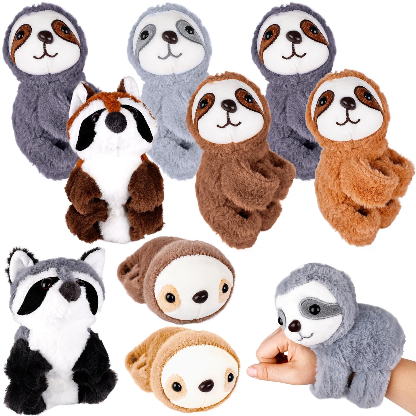 Flahard 10 Pcs Plush Animal Slap Bracelet Sloth Plush Slap Bracelet Sloth Bear Stuffed Huggers Pat Ring Bulk for Birthday Favor Animal Party Gift, 2 Styles