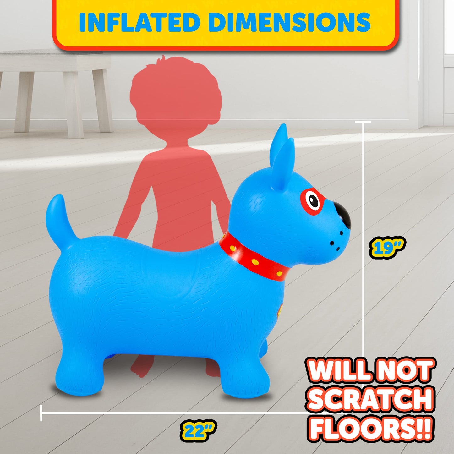Waddle Bouncy Animal Hopper - Inflatable Hopping Animals, Indoors and Outdoors Fun, Pump Included, Riding Toys for Boys and Girls Ages 2 Years and Up, Blue Super Hero Dog