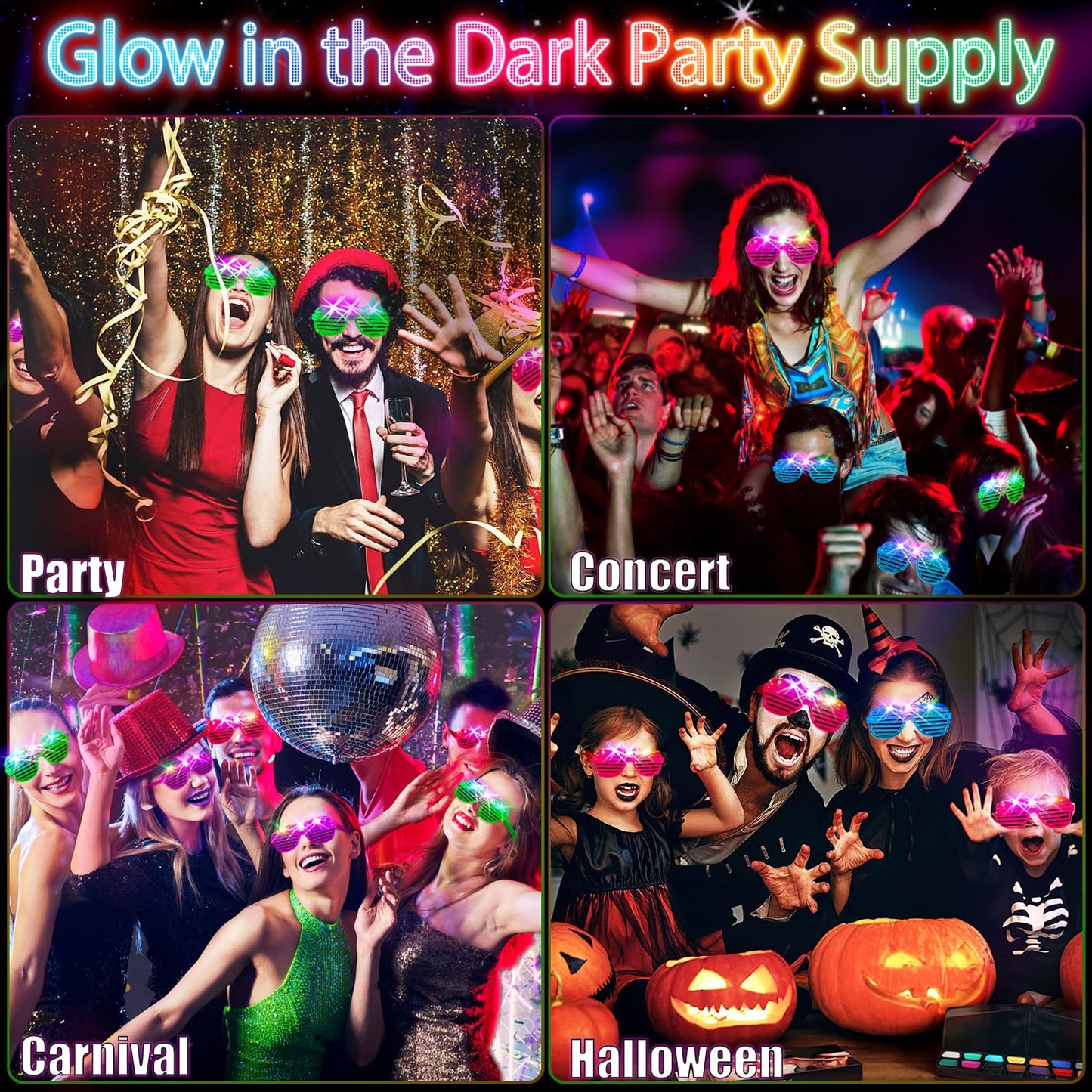 SHQDD 64Pack LED Glasses 5 Colors Light Up Glasses,Glow In The Dark Party Supplies, Shutter Shades Glow Sticks Glasses Neon Sunglasses Accessories for Kids Adults New Years Eve