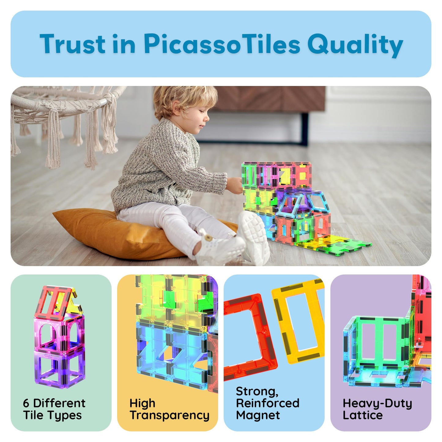 PicassoTiles 42pcs Magnetic Tiles Magnet Blocks See-Through Shape STEM Toys Building Block Educational Playset Compatible with Major Brand Tile -Starter Set for Boys and Girls Toddlers Ages 3+ PT42