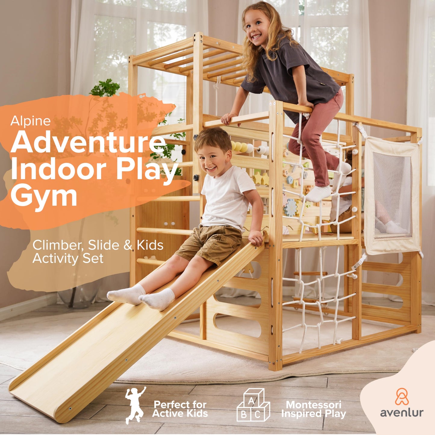 Avenlur Montessori Gym Alpine Wooden Jungle Gym with Indoor Swing, Toddler & Baby Climbing Toys, Rock Wall Perfect for Active Fun & Skill Development, Ages 2-8