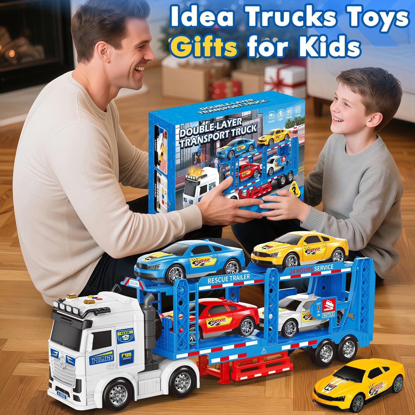 Toddler Boy Toys for 3 4 5 6 7 Years Kids, 21" Double Layer Race Truck Toy with 4 Racing Cars, Friction Powered Vehical Toys with Lights and Sounds, Birthday for Boy Girls-Blue