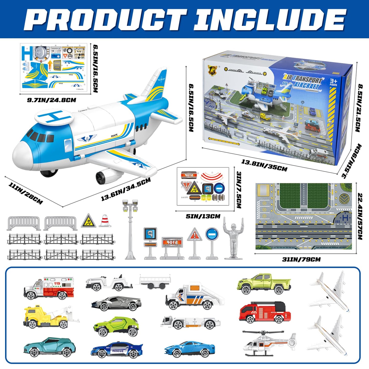 Airplane Toys for Toddlers 1-3-5,Toy Airplane Transport Aircraft with Cars & Helicopter & Play Mat & Stickers,Plane Toys for Boys Girls Age 1 2 3 4 5 6 7 Birthday