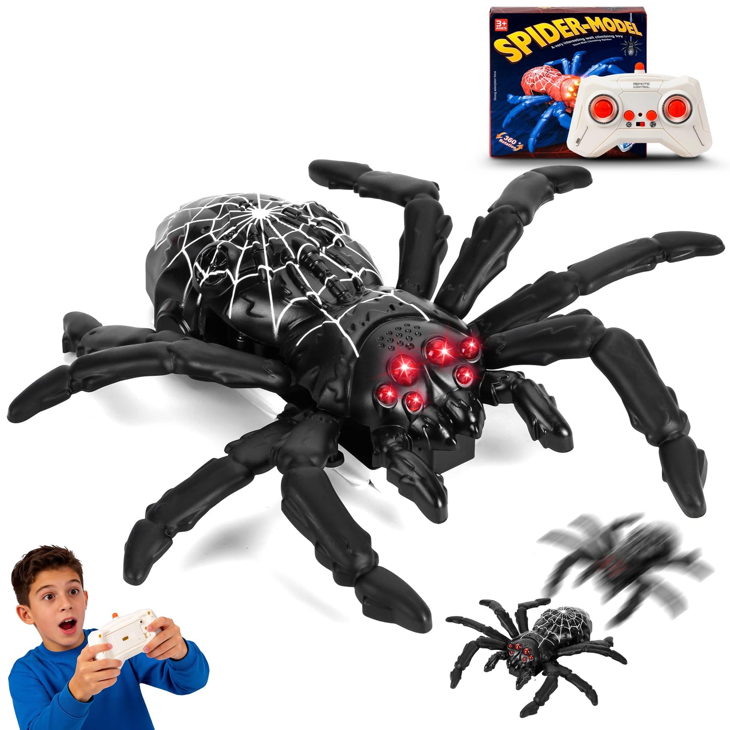 Nurcazo Remote Control Spider, Wall Climbing Spider with LED Red Eyes, Climbs Smooth Walls & Ceilings, RC Creepy Crawly Spider for Kids 3+ (No Assembly), Indoor Halloween Christmas Birthday Gift