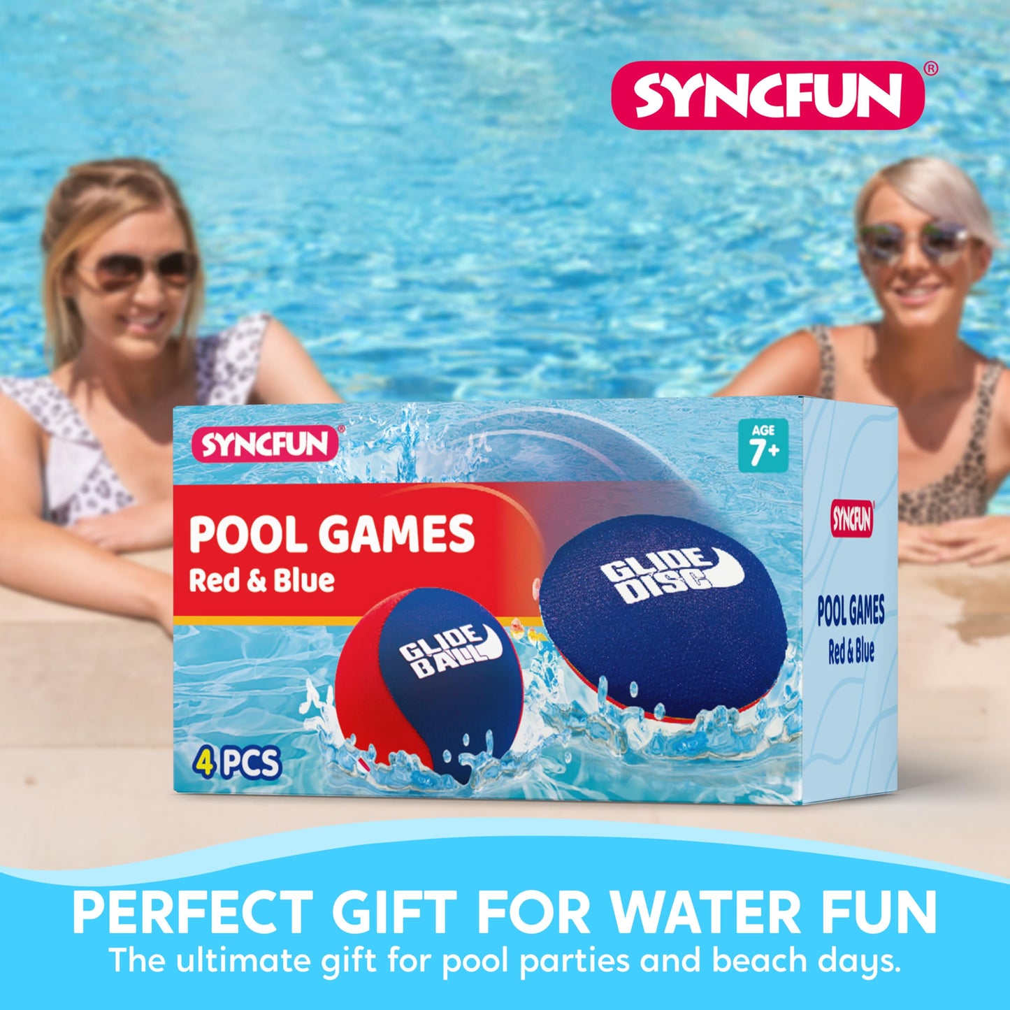 SYNCFUN 4 Pcs Skip Water Balls,Splash Water Bouncing Balls with Mesh Bag, Beach Toys for Kids, Pool Toys for Friends and Family, Fly Swimming Game Adults, Boys, Teens, Great for All Ages (Red & Blue)