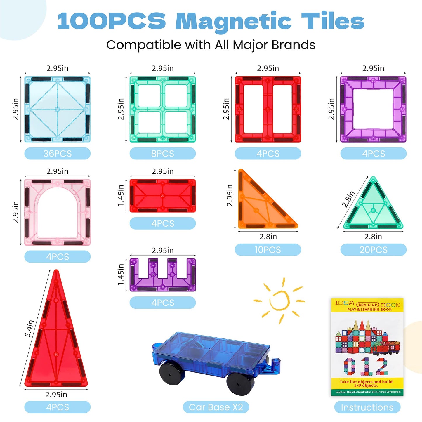 CHIZEKOO Magnetic Tiles with 2 Cars, 100 Pcs Magnetic Building Blocks Set, Preschool Children Educational Construction Toys, Magnetic Blocks for Kids Ages 3–12 Birthday for Boys and Girls
