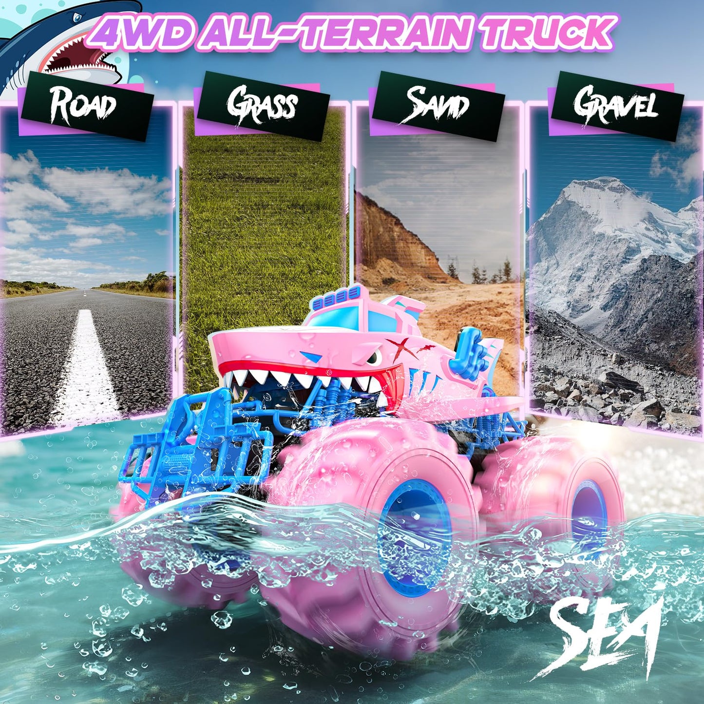 Salazaza Waterproof Shark Remote Control Car, 1:16 Amphibious RC Cars 4WD All Terrain Off Road Monster Trucks Toys, RC Truck Toys for Kids 3-5 6-8 8-12 Year Old Girl Birthday Gift, Pink