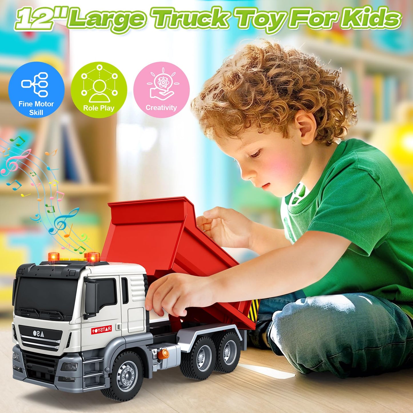 SpringFlower Dump Truck Toy for 3 4 5 6 7 Years Old Boy, Toy Dump Trucks Vehicle Toy with Sound and Light, Kids Toddlers Red Dump Truck Birthday Gifts for Boys & Girls
