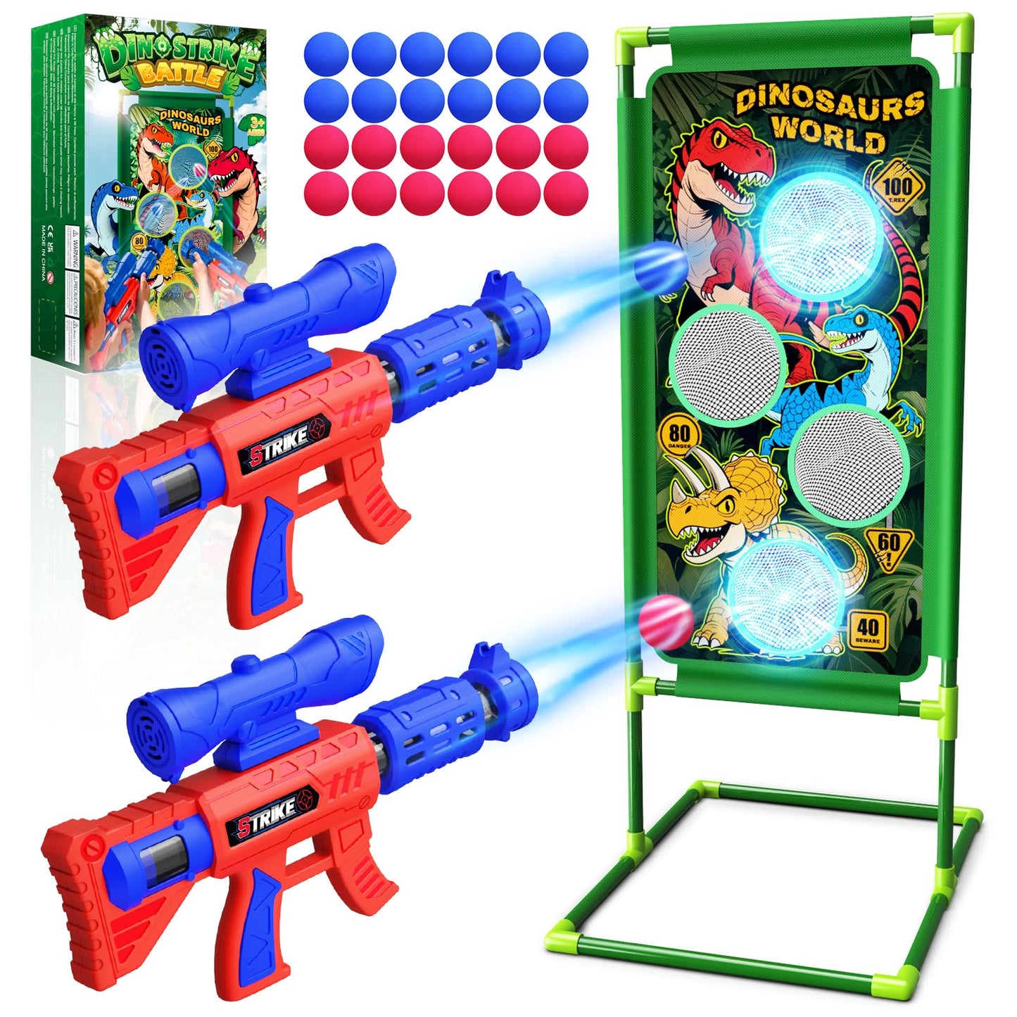 Dinosaur Shooting Game Toys, 2 Air Pump Launcher with Aiming Fun, 3 Dinosaur Theme & 4 Target Score Points, 24 Foam Balls, Indoor Outdoor Toy Gift for Kid Boy 3 4 5 6 7 8 9 10 11 12 Year Old Age 3-12