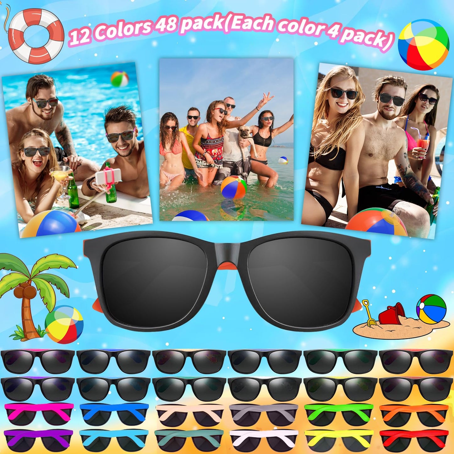 Oleitodh 72 Pcs Sunglasses Beach Balls Party Favors 12 Inch Inflatable Pool Beach Balls Bulk for Kids Adults Rainbow Pool Balls Park Backyard Summer Water Fun Birthday Parties Supplies