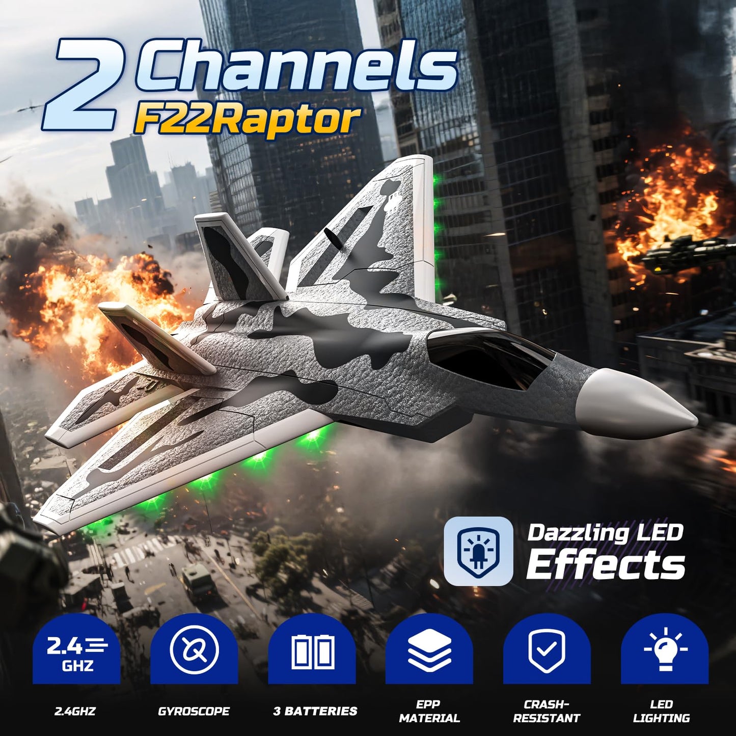 DEERC 2CH F22 Raptor RC Plane wiht Lights,Remote Control Airplane Fighter Toys,2.4GHz 6-axis Gyro Stabilizer RTF Glider Aircraft Jet Plane with 3 Batteries,Easy to Fly for Boys Adults