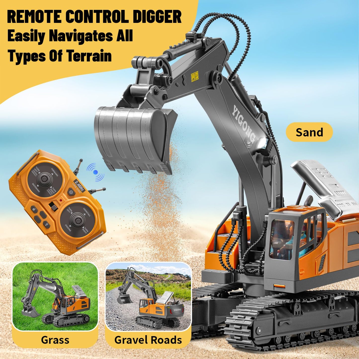 SJYN Remote Control Excavator Toy, 11 Channel RC Construction Digger with Metal Shovel, Lights & Sounds, 2.4GHz Rechargeable All-Terrain Excavator for Kids 3-14, Perfect for Sand, Dirt & Outdoor Play