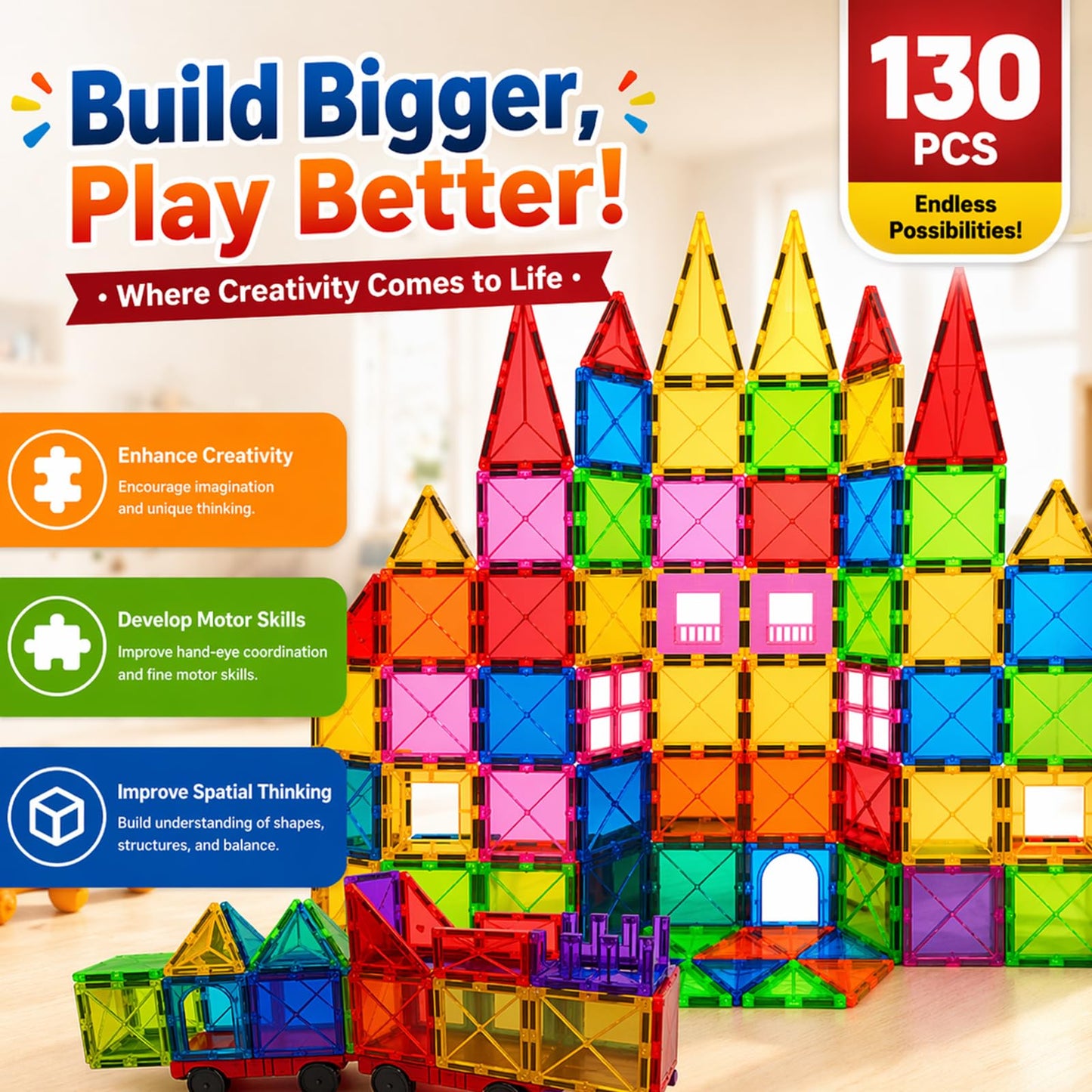 LATI 130-Piece Magnetic Tiles Building Toy Large Set for Kids,Magnetic Building Blocks Construction Set,Open-Ended Play STEM Educational Toy,Compatible with Other Brands,Gift for Boys & Girls Ages 3–8