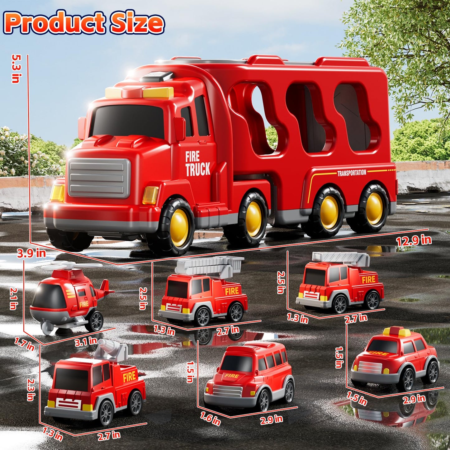 KIZONLY Fire Truck Toys for Toddler 1-3 3-5, 7-in-1 Fire Car Carrier Vehicle Set for Girls 1 2 3 4 5 6 Years Old, Transport Car with Light Sound, Birthdays Gifts for Kids Girls Aged 3-9