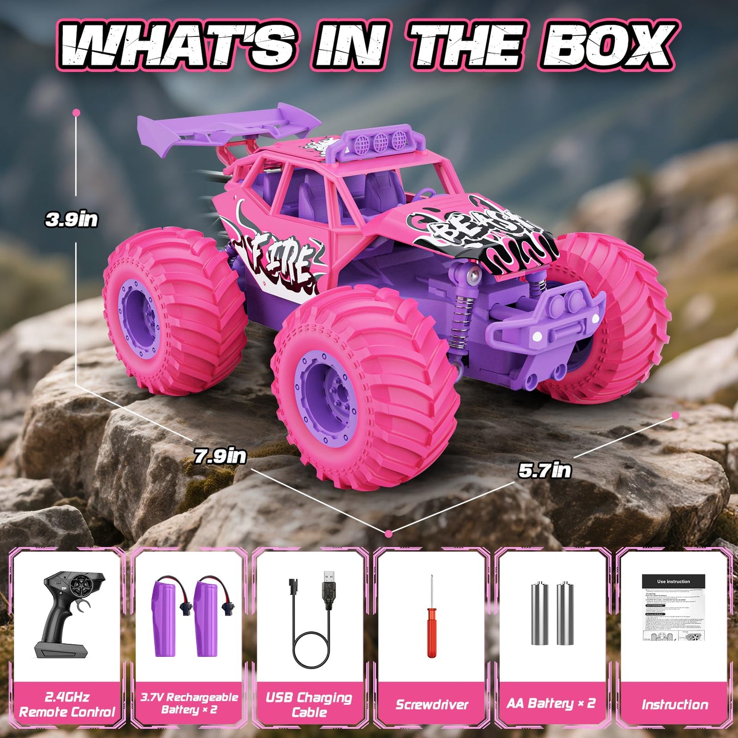 Meislane Remote Control Car, All Terrain RC Cars with Speed Switch RC Truck with LED Headlight and Rechargeable Batteries, 20KM/H Monster Truck Toys Gift for Girls Age 6-8 8-12, Pink