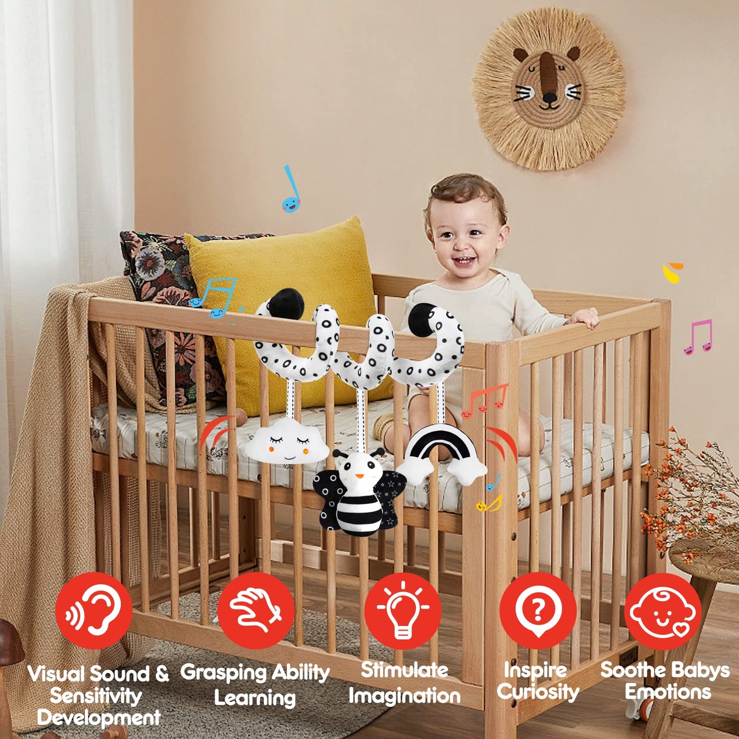 GKDOMS Baby Spiral Hanging Stroller and Car Seat Toys Black and White High Contrast Sensory Toy Newborn Plush Activity Toys Party Favors Quality Gifts for Baby Shower-BEE