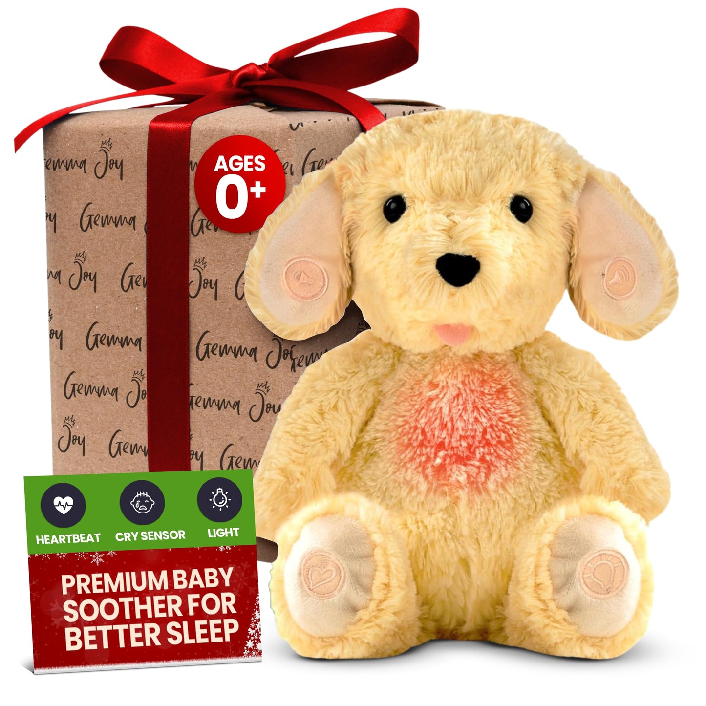Gemma Joy Bedtime Baby Soothers & StickyOnes Sleep Patches - Cry Activated Heartbeat Puppy Plush Toy, Stuffed Animal with Calming Light & All-Natural, No Melatonin Bedtime Patches for Kids and Baby