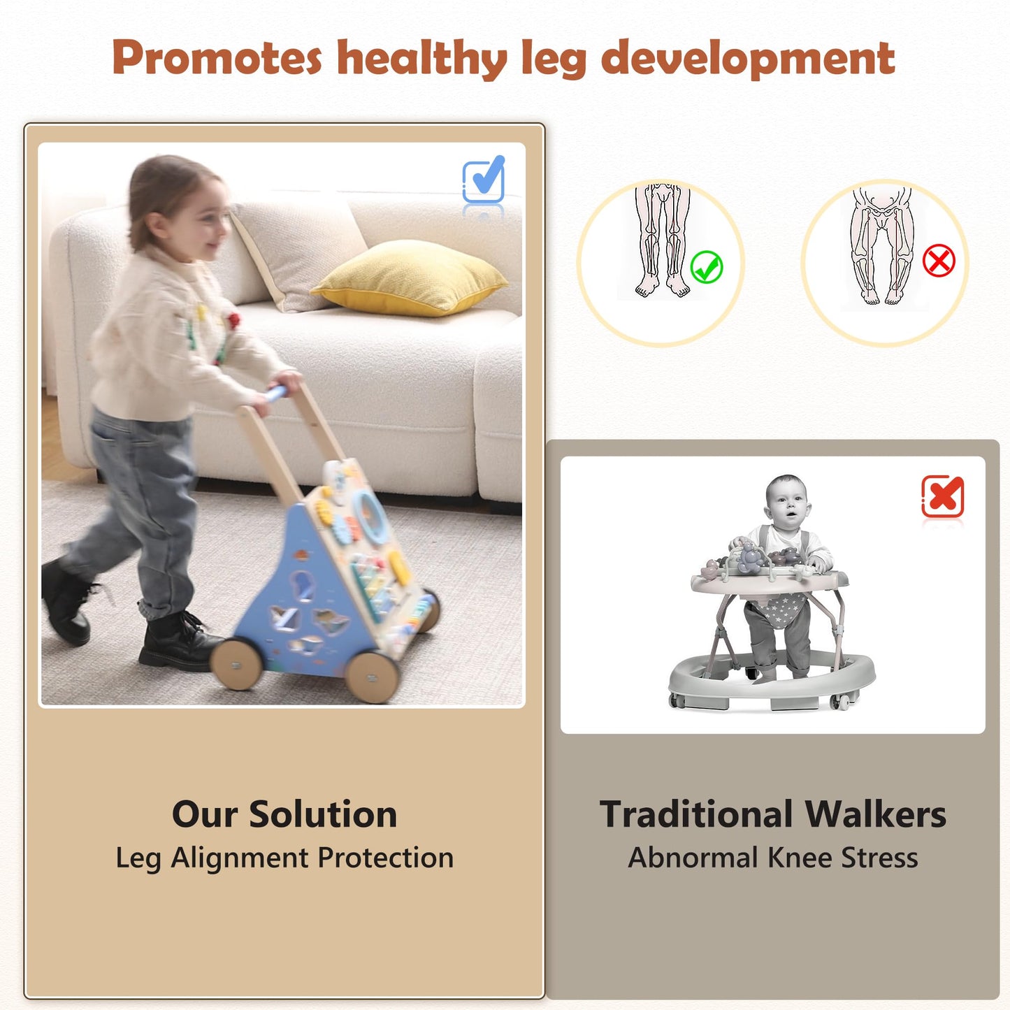 Wooden Baby Walker, Baby Push Walker with Montessori Toy for Girls Boys, Toddler Walking Toys for 18 Months of Age and Over Learning to Walk, Sit-to-Stand, Baby Activity Center for Kids Development