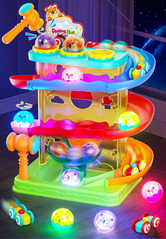 2-in-1 Rolling Ball & Car Ramp Race Track for Toddlers, Hammer Ball Drop Toy for Boys & Girls, Interactive Toys w/Sensor Lights - Montessori STEM Learning Toys - Brithday Gift for Kids 1-5+ Year Old