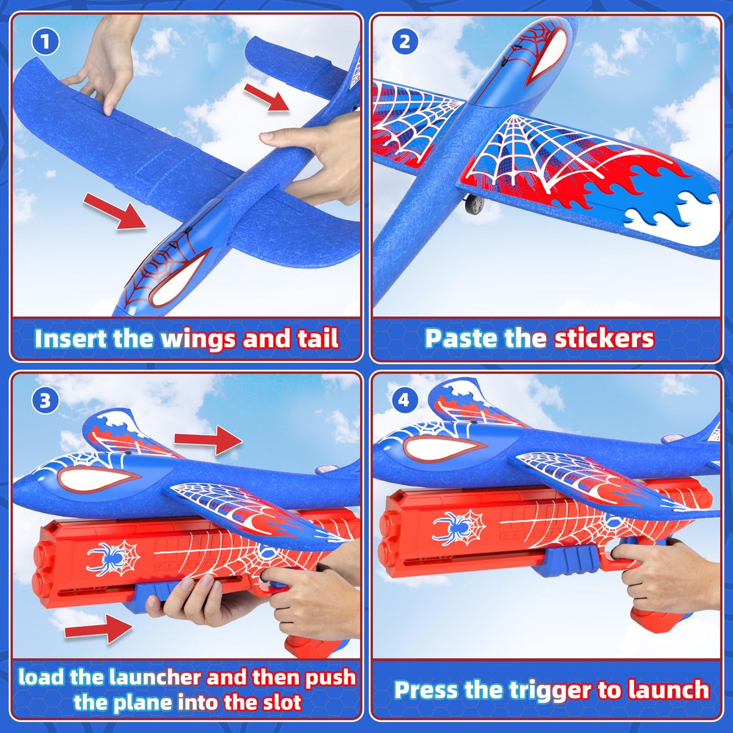 Doloowee Foam Airplane Launcher Toys for Kids, Outdoor Sport Flying Toys, 3 Pack 12.6" Foam Glider LED Plane, 1 Catapult with 3 Foam Planes, Gifts for 3 4 5 6 7 8 9 10 12 Year Old Boys Girls