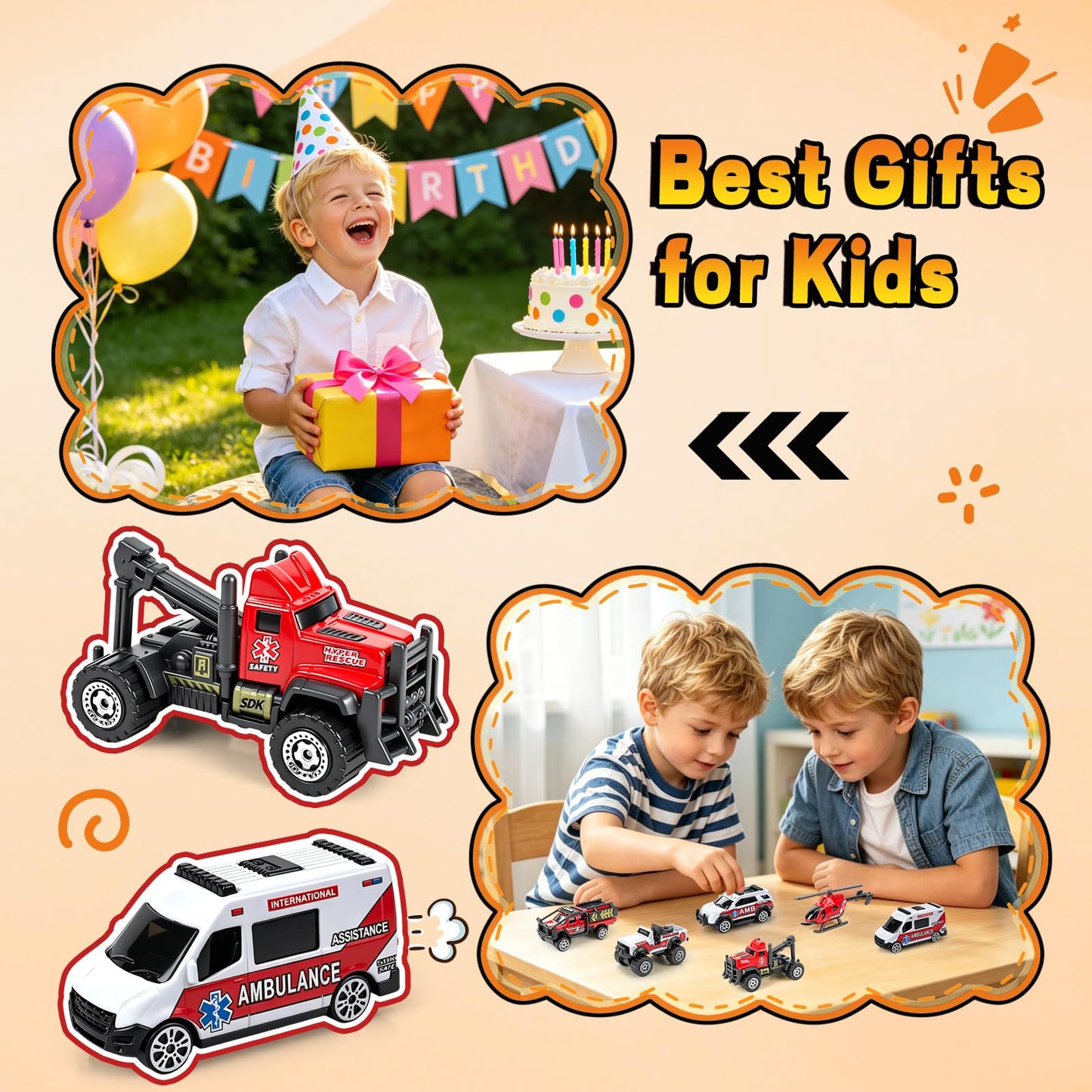 6 Pack Diecast Ambulance Toy, Mini Alloy City Rescue Emergency Vehicle Toys Playset Helicopter Toy Trucks for Boys Age 4-7 8 9 Years Old, Car Toys for Kids Toddlers Party Favors & Birthday Gift
