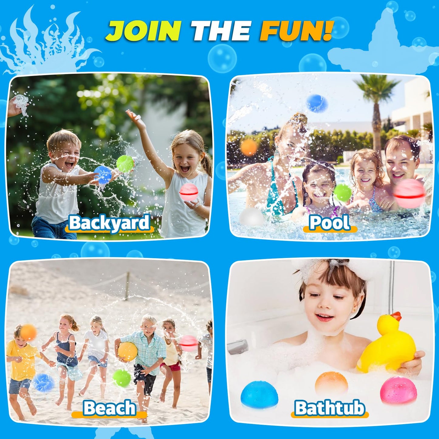 Tizikcon 16PCS Reusable Water Balloons, Refillable Silicone Bath Pool Beach Toys for Kids, Quick Fill Self-Sealing Splash Balls for Outdoor Water Fun Summer Family Games