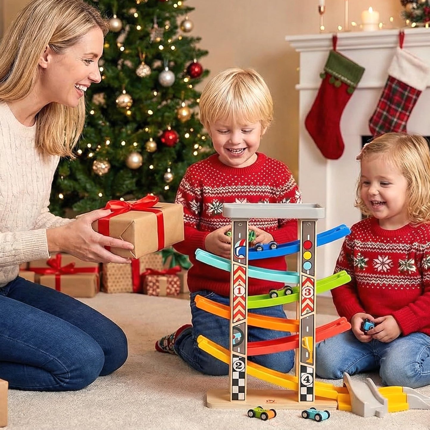 TOP BRIGHT Wooden Car Ramp Race Track Toy for Toddlers 1-4 Years, Montessori Educational Learning Toy for 2 Year Old Boys Girls Gifts with 6 Mini Cars