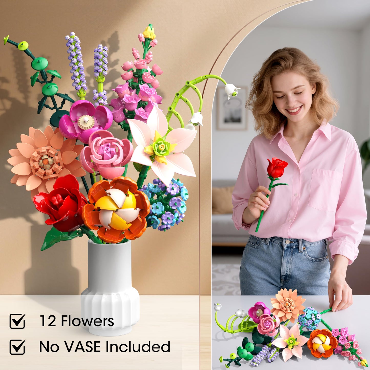 Flower Bouquet Building Set, 762Pcs Flowers Model Kit Creative STEM Toy for Home Office Decor, Valentine's Day/Birthday/Mother's Day for for Women Kids Girls