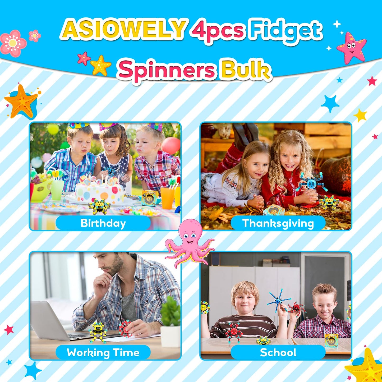 ASIOWELY Transformable Fidget Spinner Toys for Kids and Adults,4 Pcs Sensory Toy for Boys Girl ADHD Stress Relief Toys,Fingertip Gyros Travel Toy Party Favors for Teens Birthdays Gifts Easter Present
