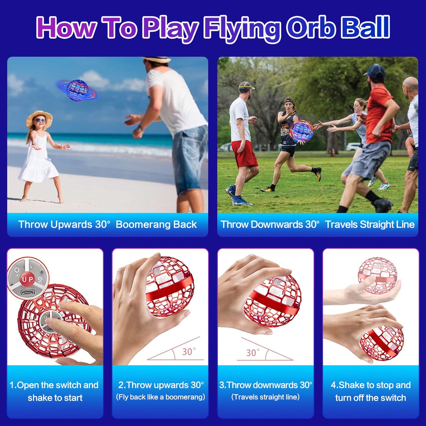 SUMMERLANGUAGE Flying Orb Ball Toy - 2025 Upgraded Magic Flying Orb Toy with LED Light 360°Rotating, Boomerang Flying Toys Indoor Outdoor Fun Games, for Boys Girls Adults Kids (Blue)