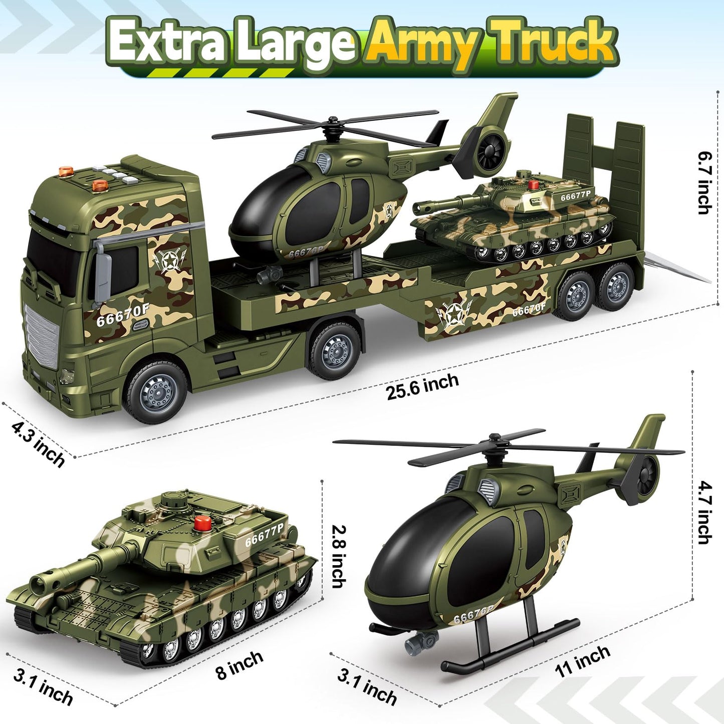 SpringFlower Toddler Boy Toys, 3 in 1 Large Army Truck Toy with Helicoper and Tank, Military Transport Truck Toy, Christmas Birthday Gifts for Kids 3 4 5 6 Years Old
