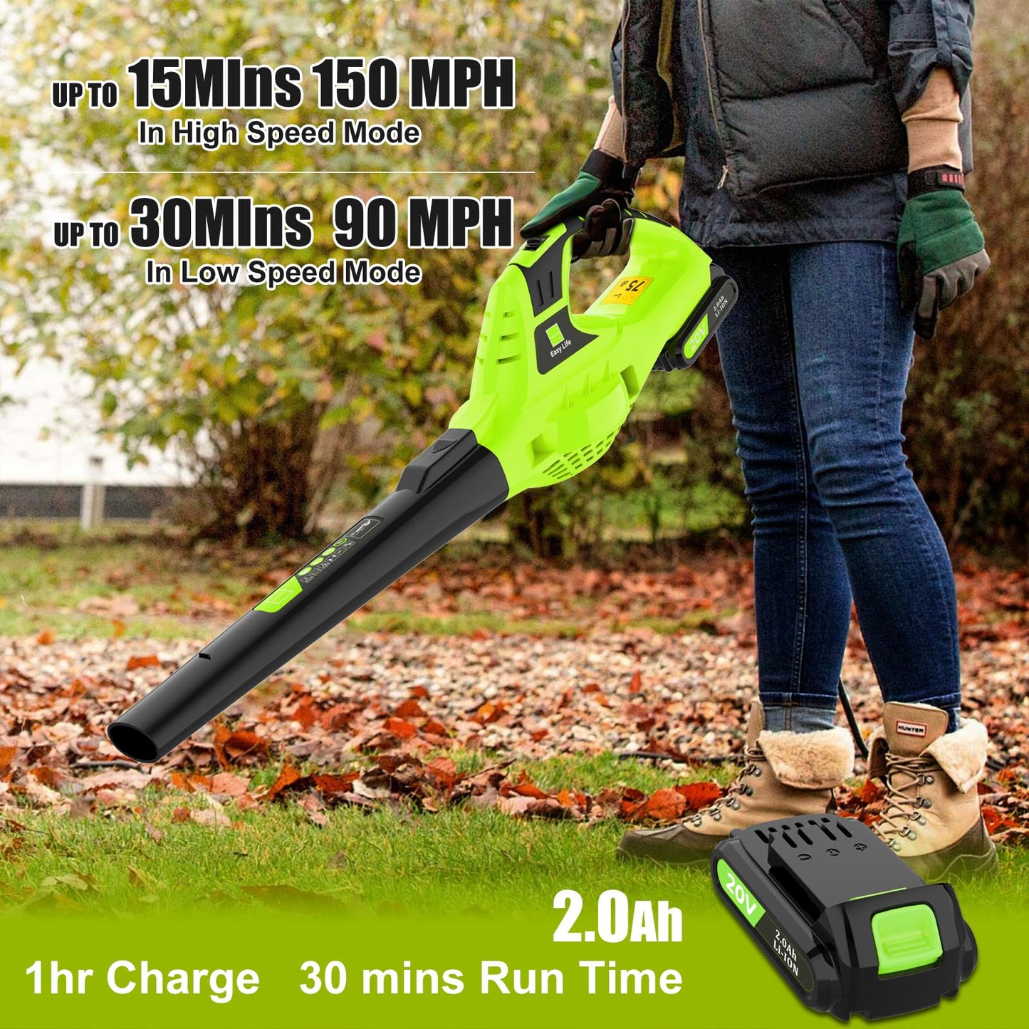 Leisch Life 21V Leaf Blower Cordless | Handheld Electric Lightweight Blower with 2.0Ah Rechargeable Battery & Fast Charger | Adjustable Speeds, Portable Design for Lawn, Patio, Yard, Sidewalk Cleaning