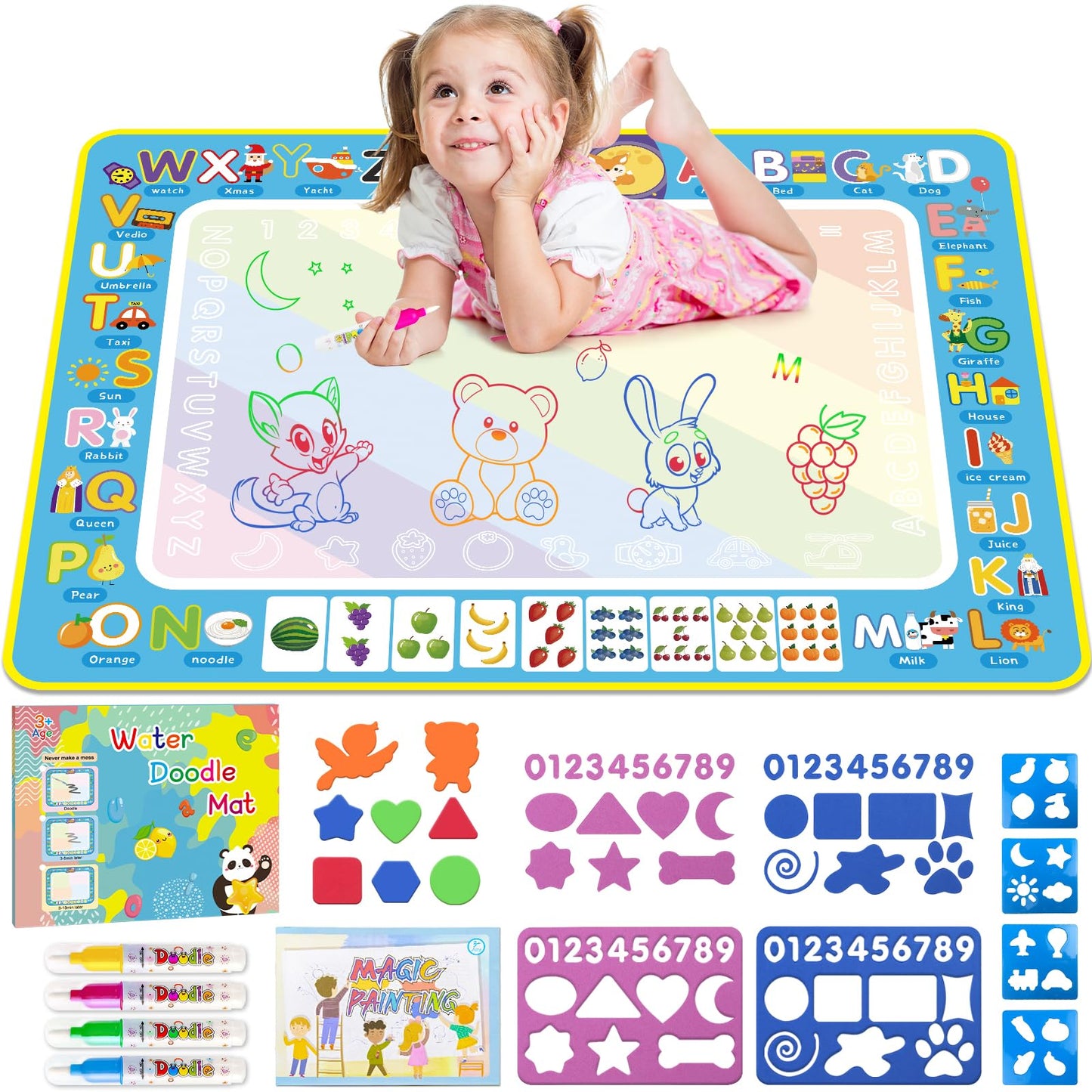 BlissfulBlend Water Doodle Mat Kids Mess Free Coloring Doodle Mat Educational Toys for 3 4 5 6 7 8 Years Old with Magic Pens Educational Toys Toddler Boys Girls Christmas Birthday Holiday Present