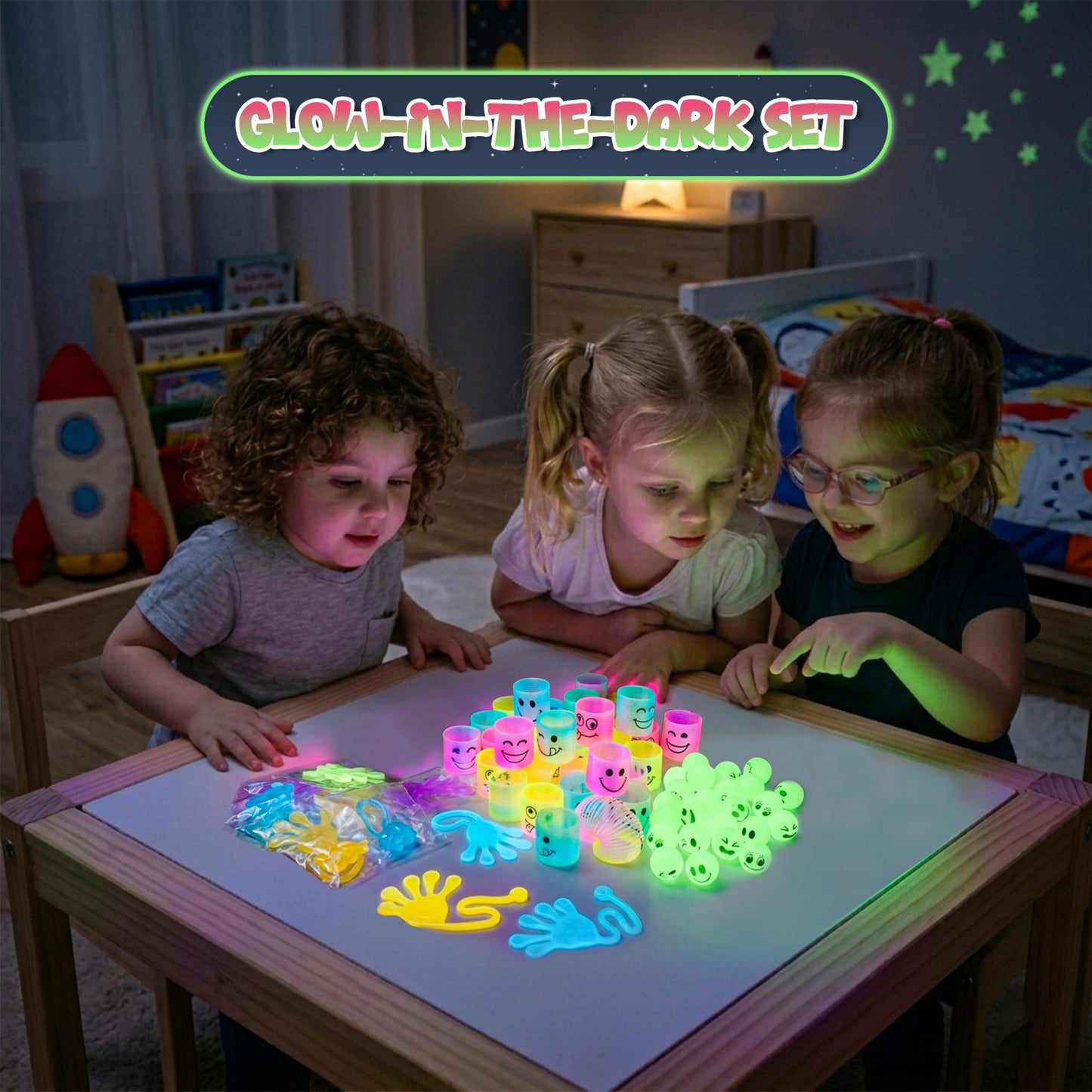 4E's Novelty 108 Pcs Glow in The Dark Toys - 36 Bouncy Balls, 36 Coil Spring, 36 Sticky Hands, Bulk Party Favor or Kids Goodie Bags Birthday Party Supplies, Easter Egg Filler & Basket STuffers