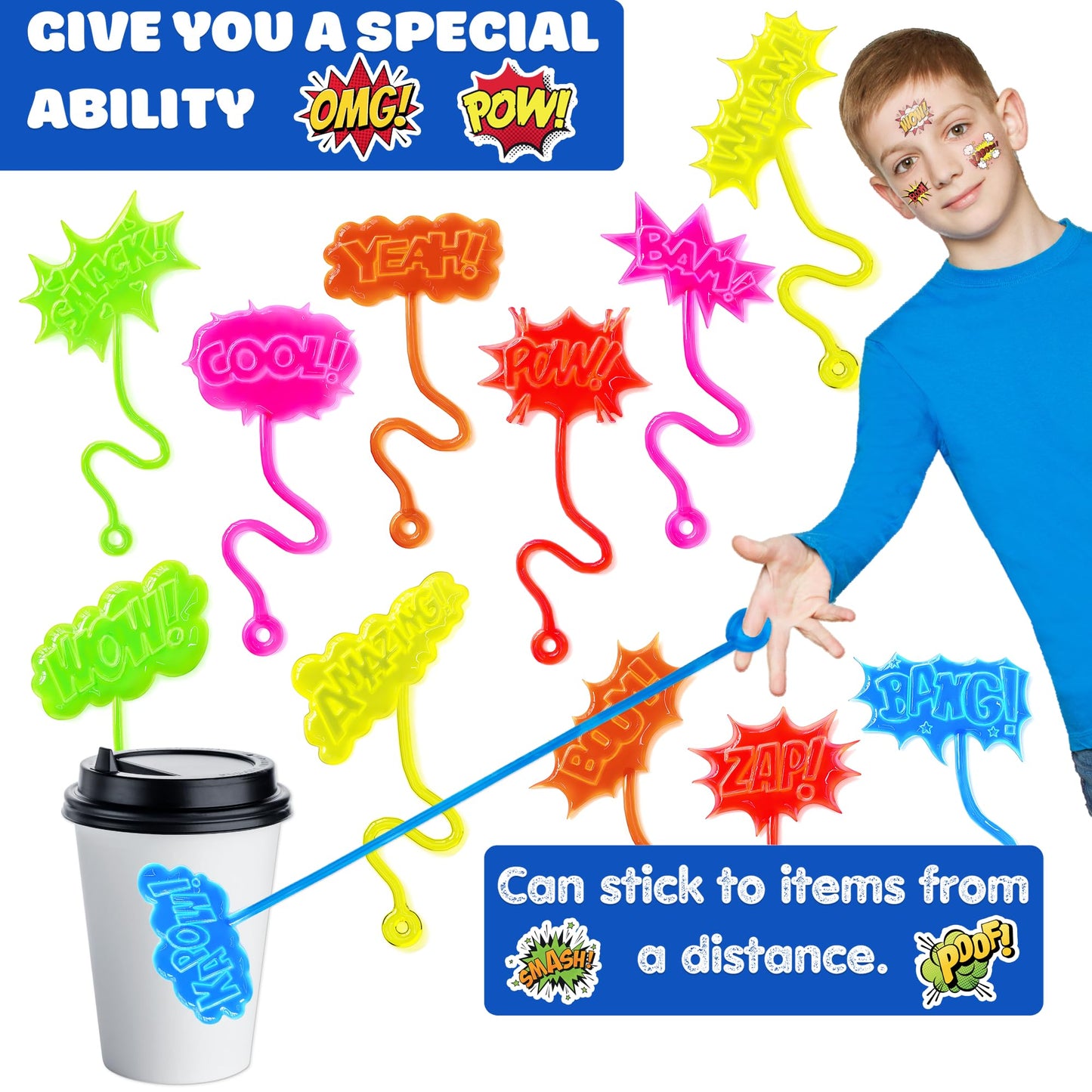 48PCS Hero Pow Party Favors - 24PCS Temporary Tattoos & 24PCS Stick Hands Party - Perfect Birthday Party Supplies, Goodie Bag Stuffers, Treasure Box Toys, Classroom Prizes, and Student Gifts