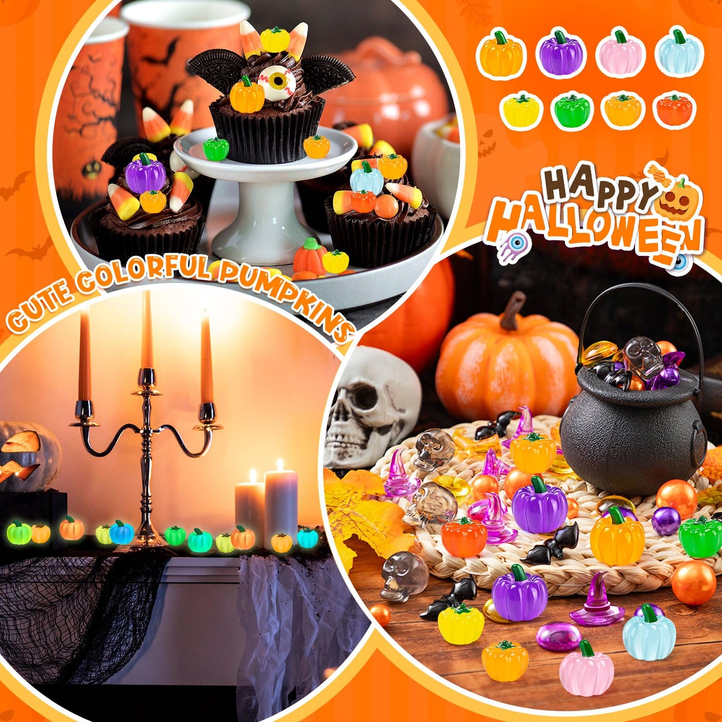 184PCS Halloween Luminous Mini Resin Pumpkins Miniature Pumpkin Figurines Glow in Dark Tiny Pumpkins Bulk for Thanksgiving Fall Halloween Party Cupcake Decor Craft DIY (Size Mixed)