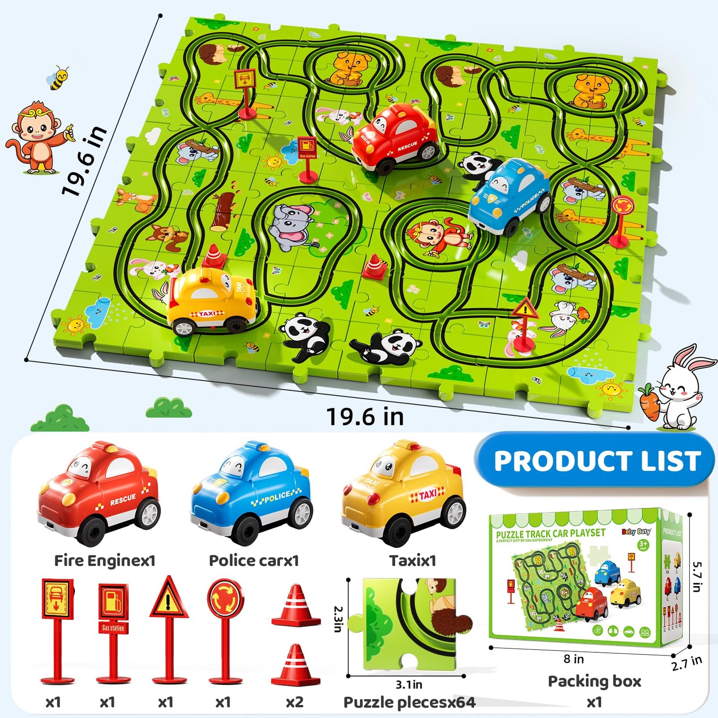 Beby Buty 64PCS Puzzle Race Track Car Set for Kids Boys, Floor Puzzle Tracks Car Toys for Boys Girls Ages 3-5 4-6, Toddler Toys Gifts for 3 4 5 Year Old, Ideal 3 4 5 6 Year Old Birthday Gifts