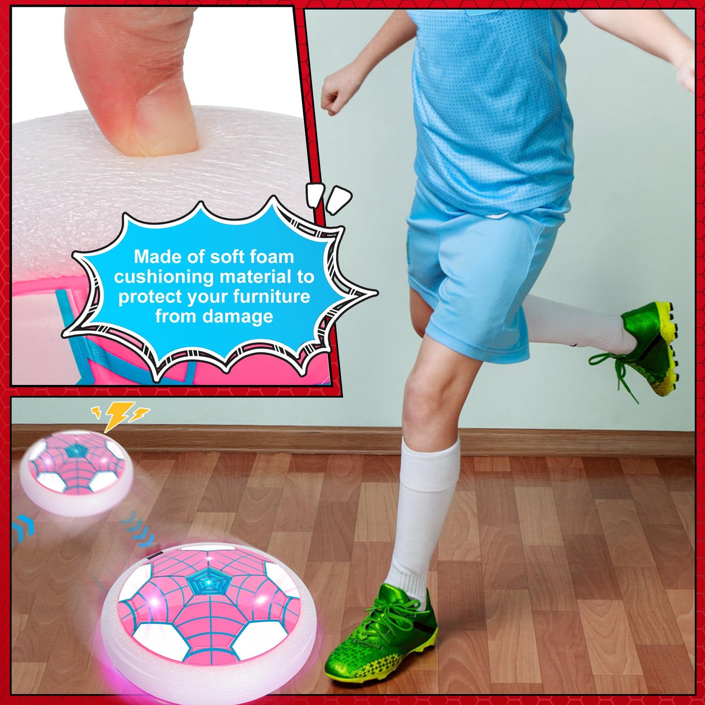BESTVIVE Hover Soccer Ball, 2 Pack - Indoor Soccer Toys for Kids, Cool Sports Games for Boys and Girls, Birthday Gifts（Red and Pink）