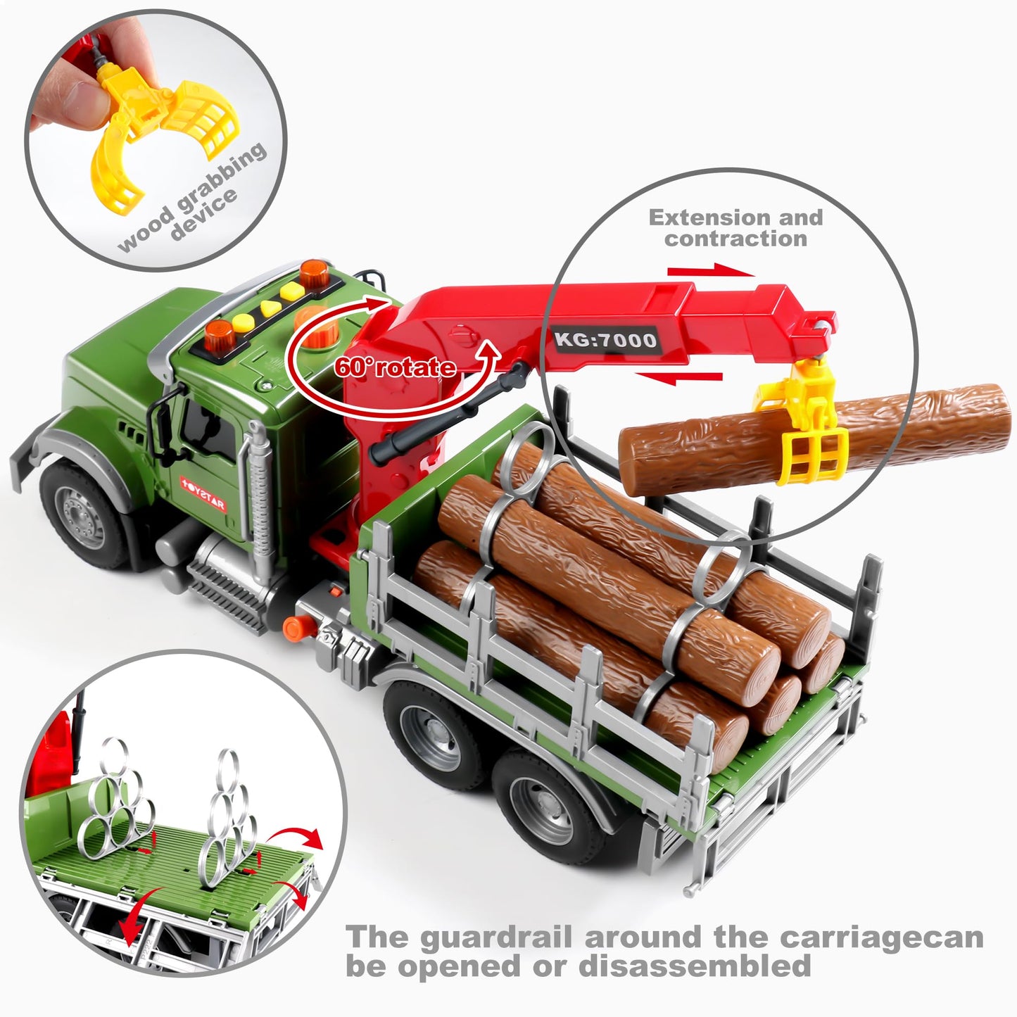 Dwi Dowellin Kids Toys for 3 4 5 6 7 Years Old Boys,15" Large Timber Truck with Loading Crane and 6 Trunks,Birthday Gifts for Boy Toddler Child